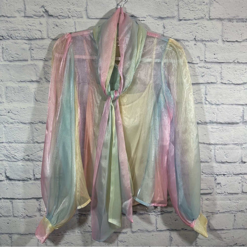NWT Aura Long Sleeve Pastel Sheer Rainbow Tie-Neck Blouse Sz XS